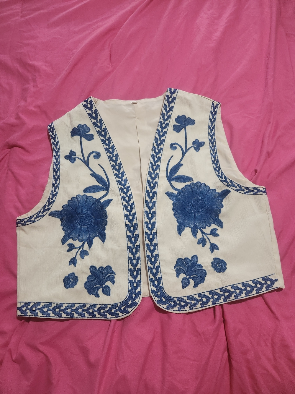 Embroidered Cream Vest with Blue Floral Detailing